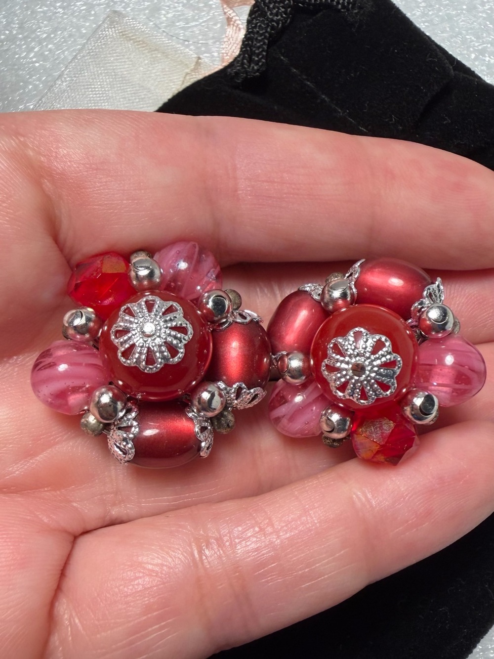 Vintage AVON Signed Clip-On Earrings – Red Cranberry Bead Cluster – Silver Tone